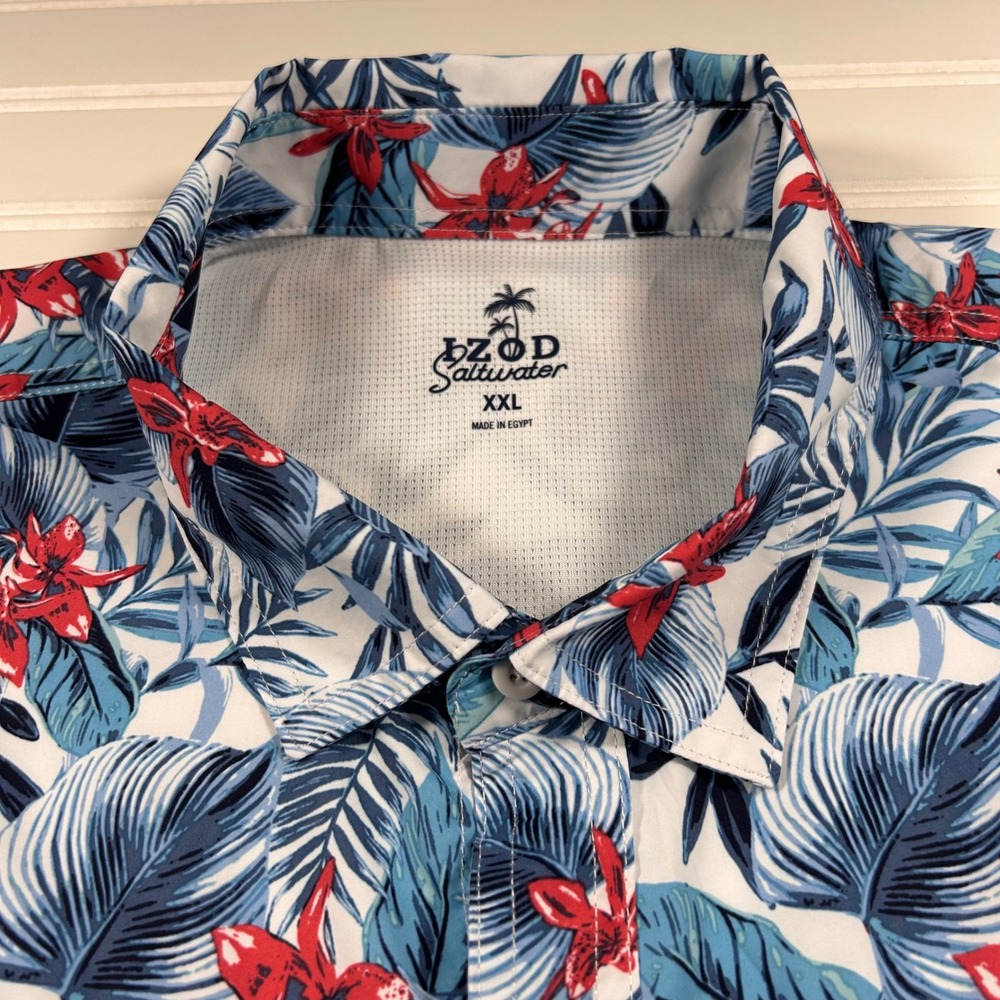 IZOD Saltwater SS Button Polyester Shirt Mens XXL White Blue Red Tropical Floral